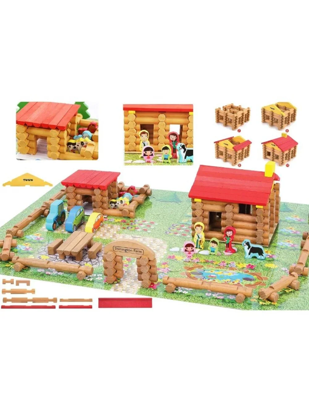 Wooden Log Building Set - 207-Piece Farmhouse Construction Toy for Kids